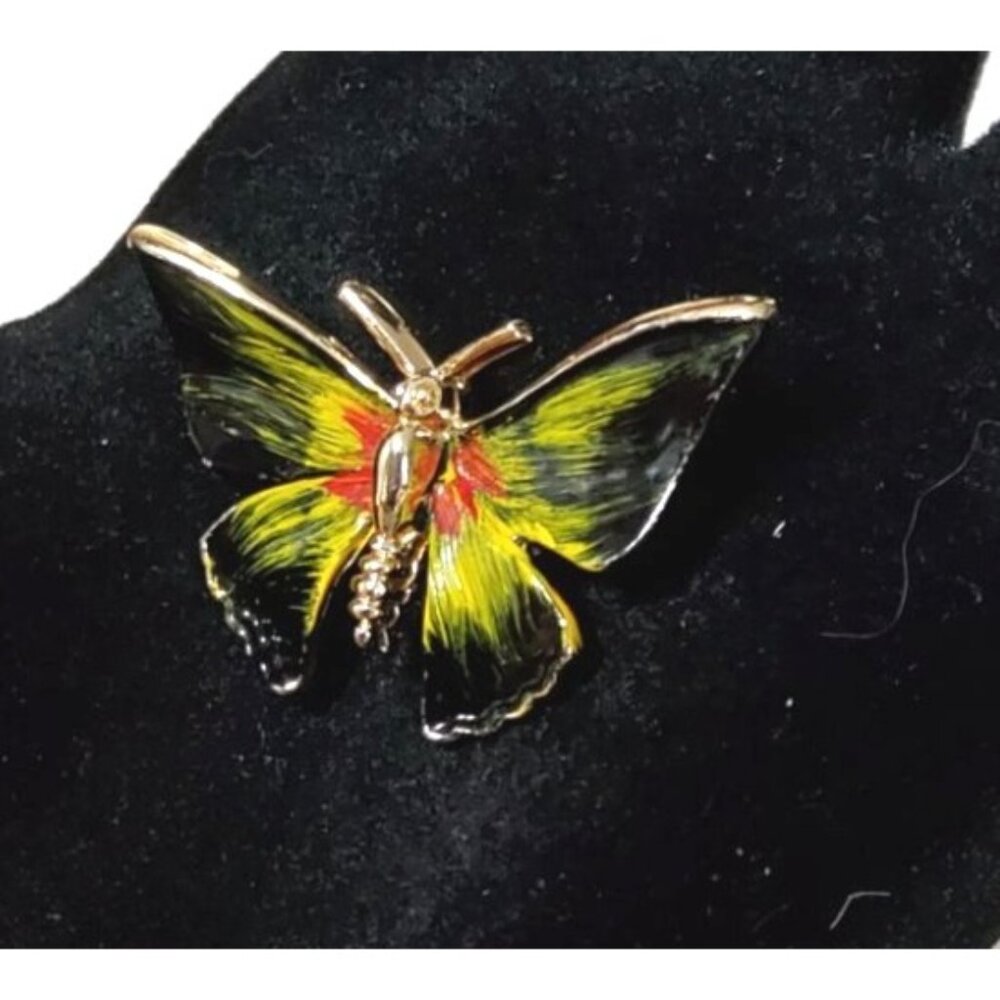 Vintage Butterfly Brooch Pin Gold-Tone With Yellow & Red Enamel Design by LL